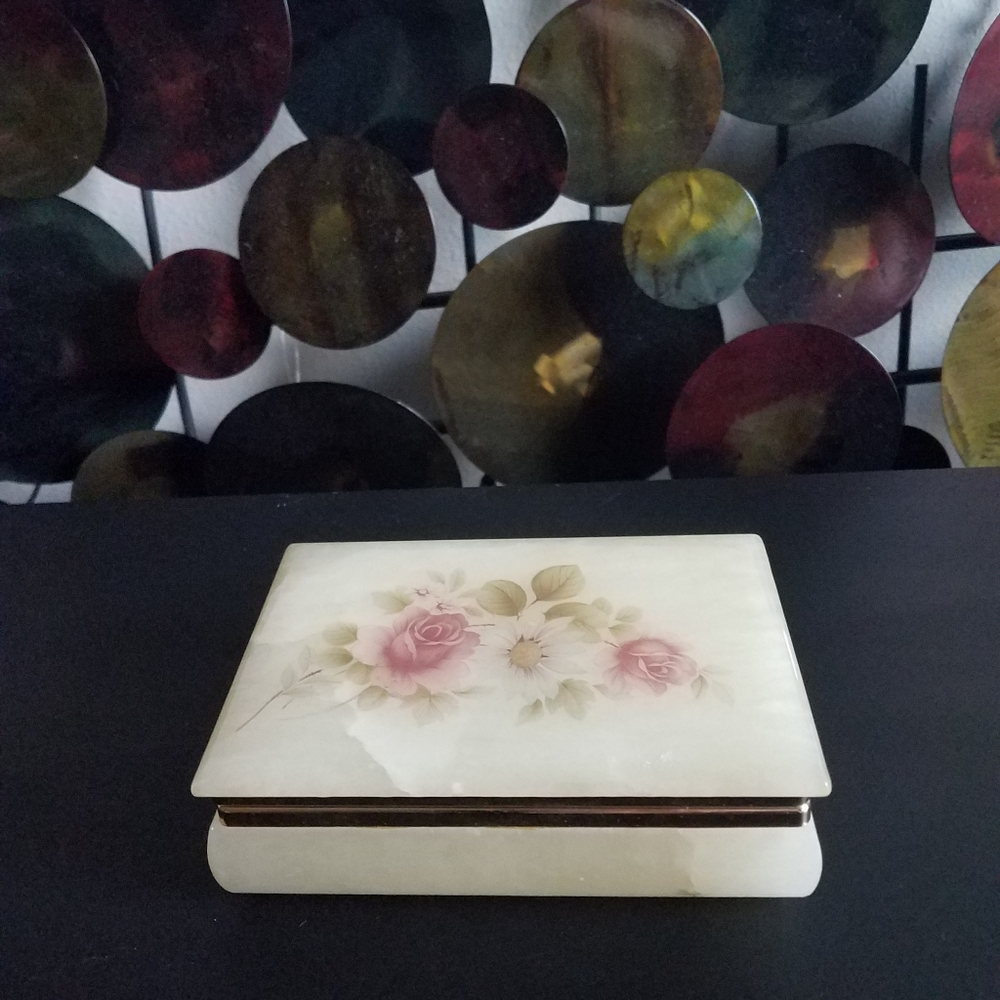 Vintage White & Floral Rose Alabaster Jewelry Box